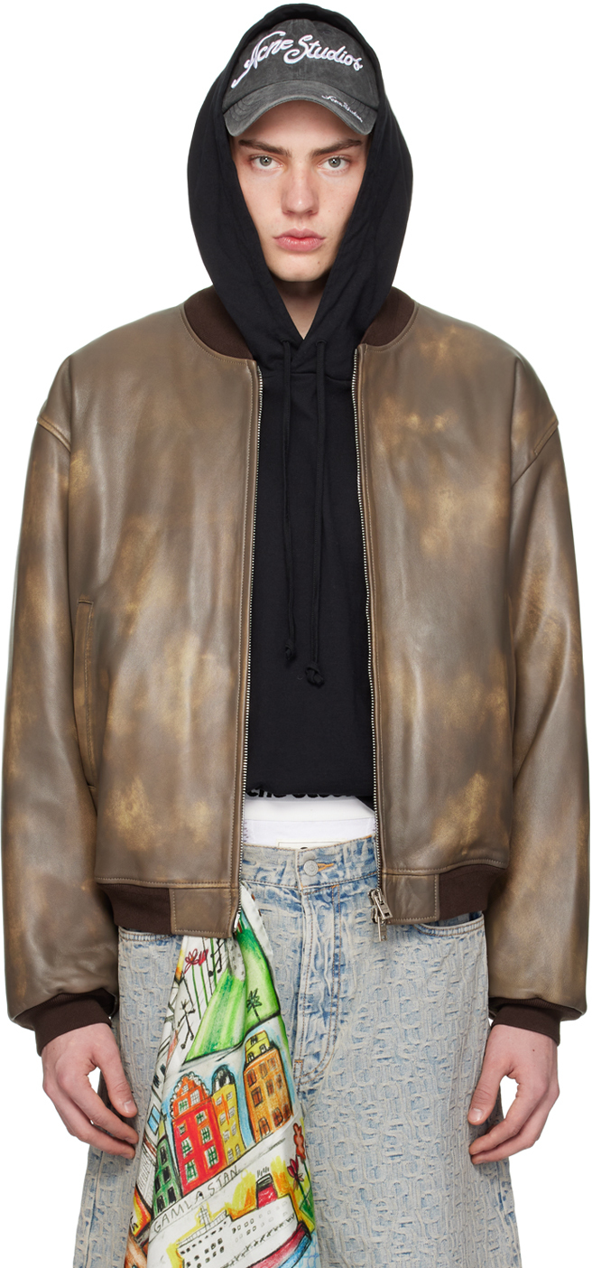 Shop Acne Studios Brown Faded Leather Bomber Jacket In Bph Multi Brown