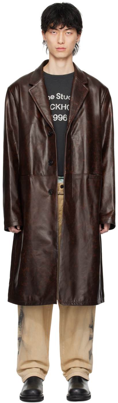 Brown Single-Breasted Leather Coat