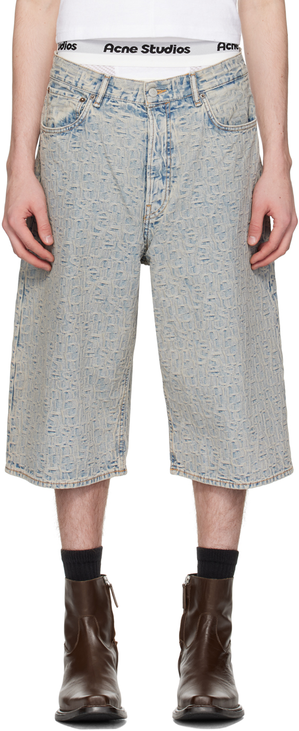 Shop Acne Studios Blue Monogram Denim Shorts In Buf Blue/beige