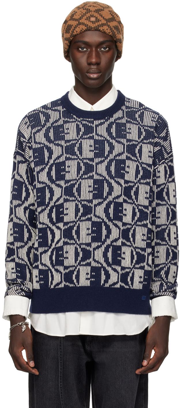Shop Acne Studios Navy Jacquard Sweater In Dkg Navy/oatmeal