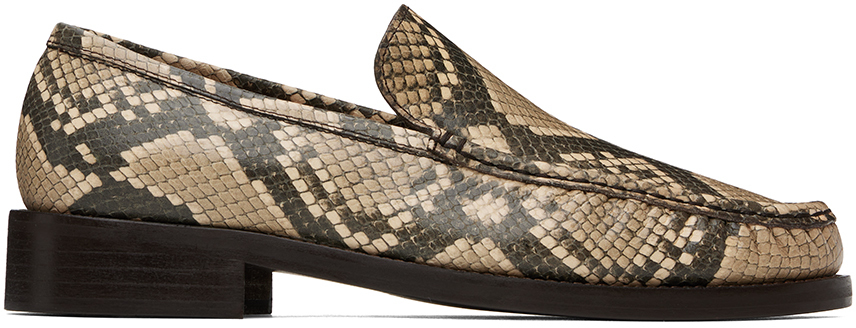 Beige Snake Print Leather Loafers