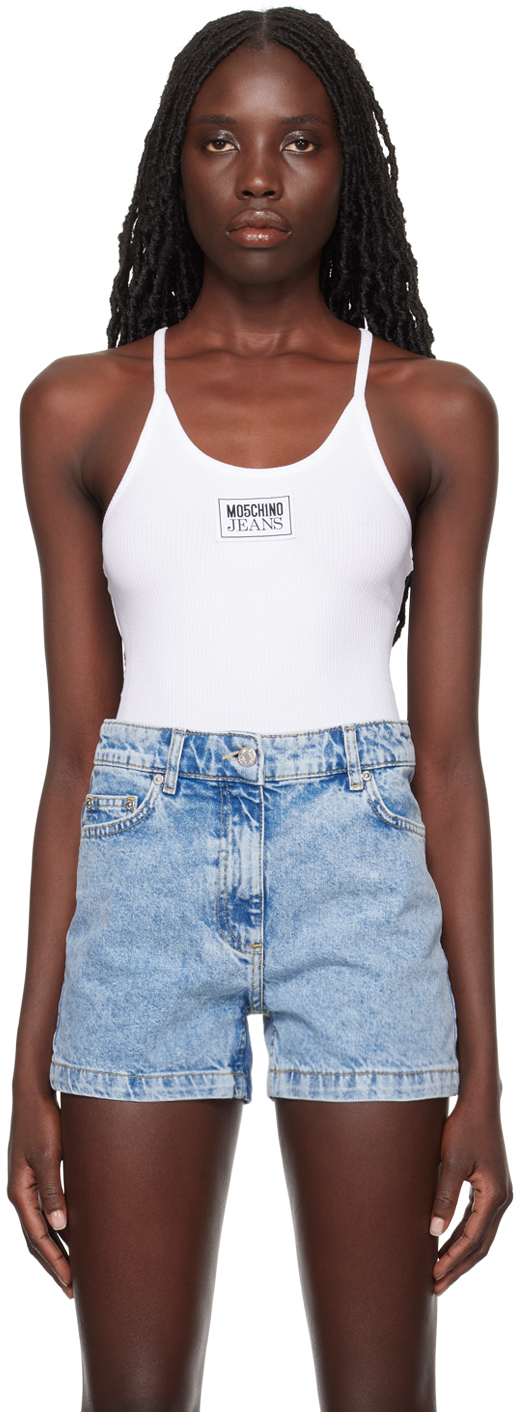 Shop Moschino Jeans White Patch Tank Top In A0001 White