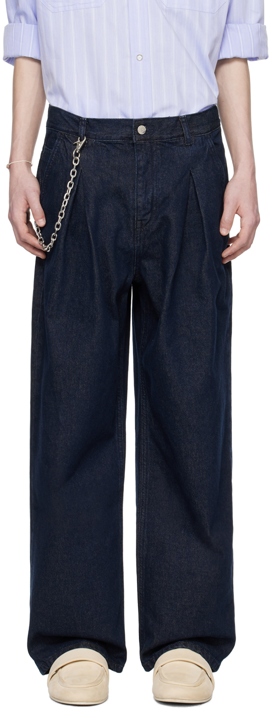 Shop After Pray Navy Pleated Jeans In Indigo Blue