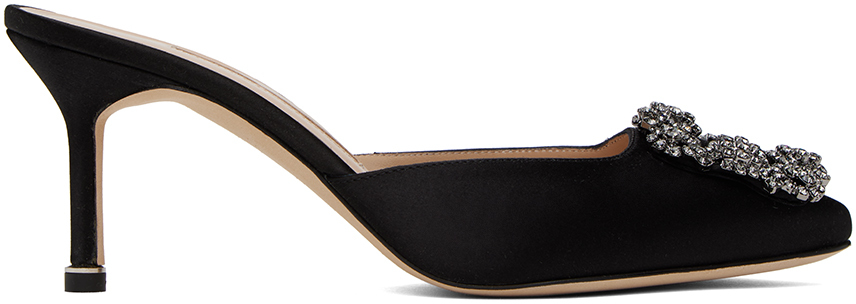 Manolo Blahnik Hangisimu 70 Black Satin Mules In 0015 Blck