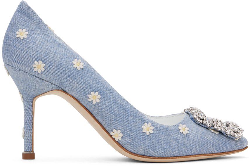 Manolo Blahnik Blue Hangisi 90 Heels In 942w/1012 Yemb/whit