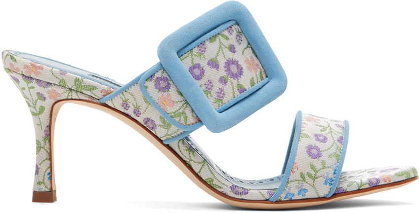 Shop Manolo Blahnik Blue & White Gable Heeled Sandals In 976f Ywov/4241 Mblu
