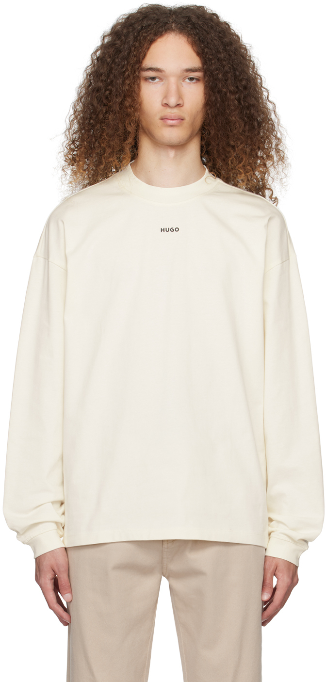 Hugo Off-white Relaxed Fit Long Sleeve T-shirt In Open White 121