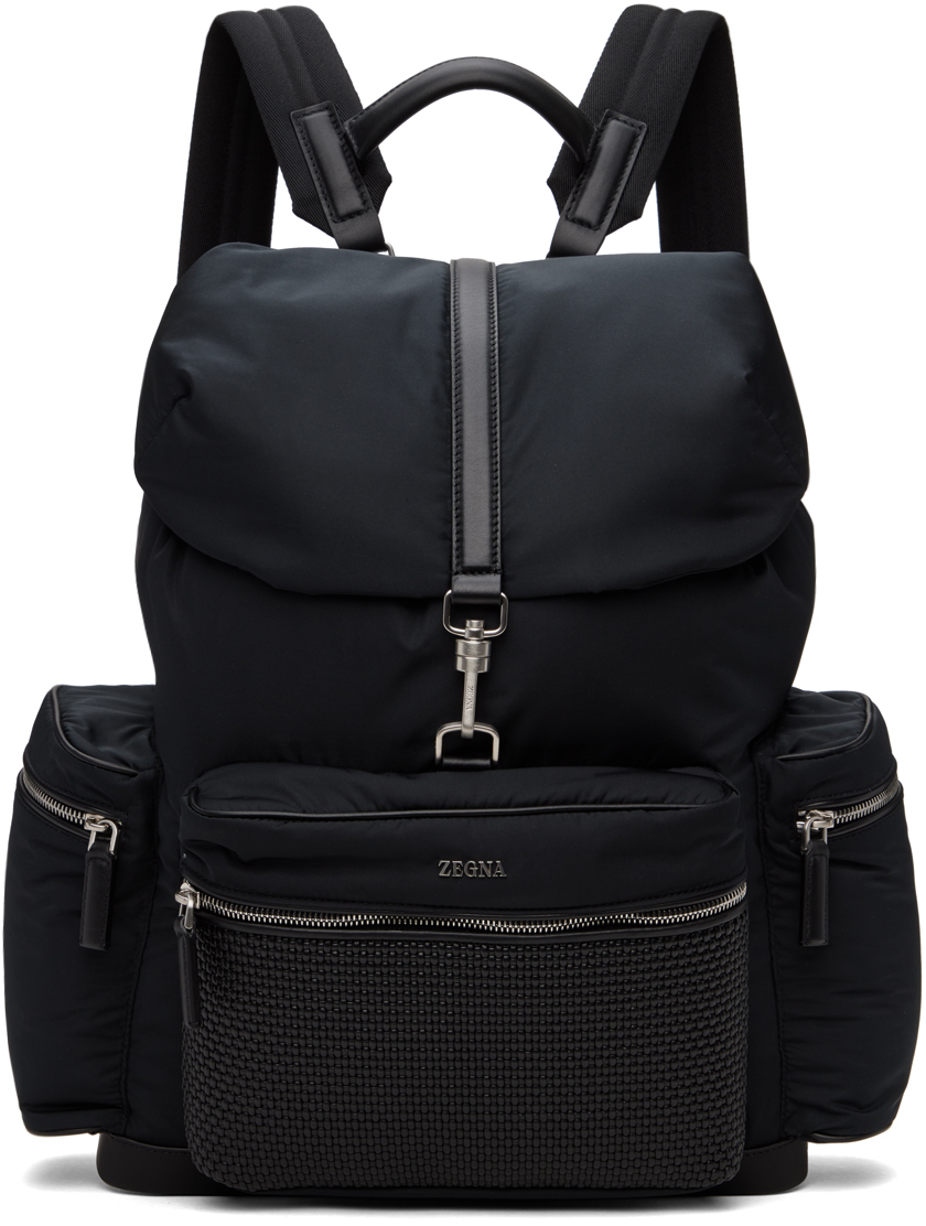 Zegna Black Technical Fabric & Pelletessuta Leather Backpack In Ner Black