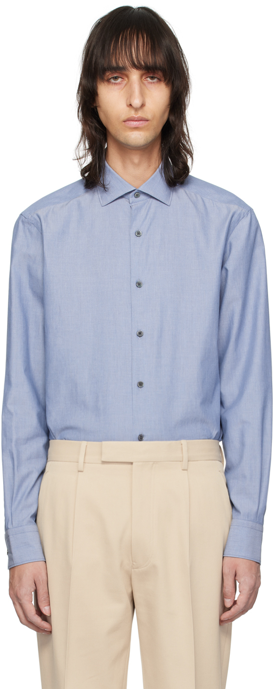 Zegna Blue Buttoned Long Sleeve Shirt In 14