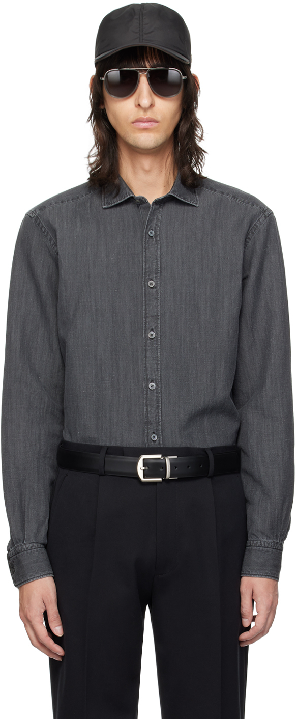 Zegna Black Buttoned Denim Shirt In 481