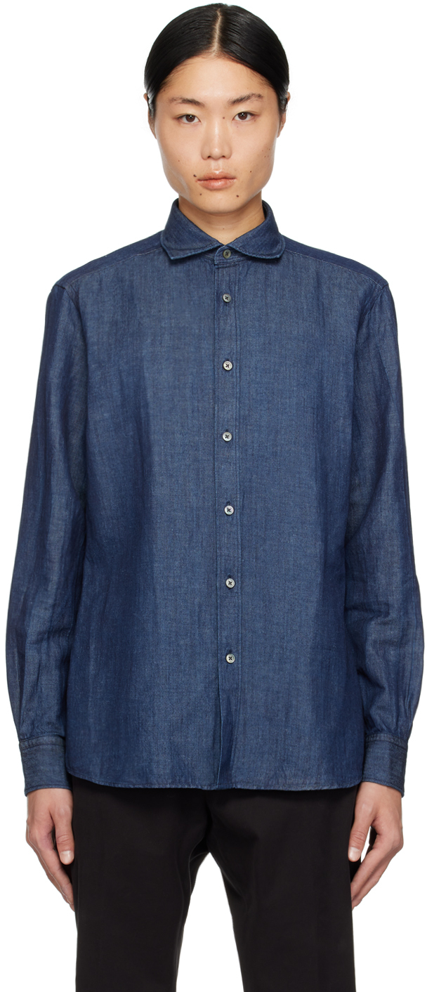 Zegna Blue Buttoned Denim Shirt In 190