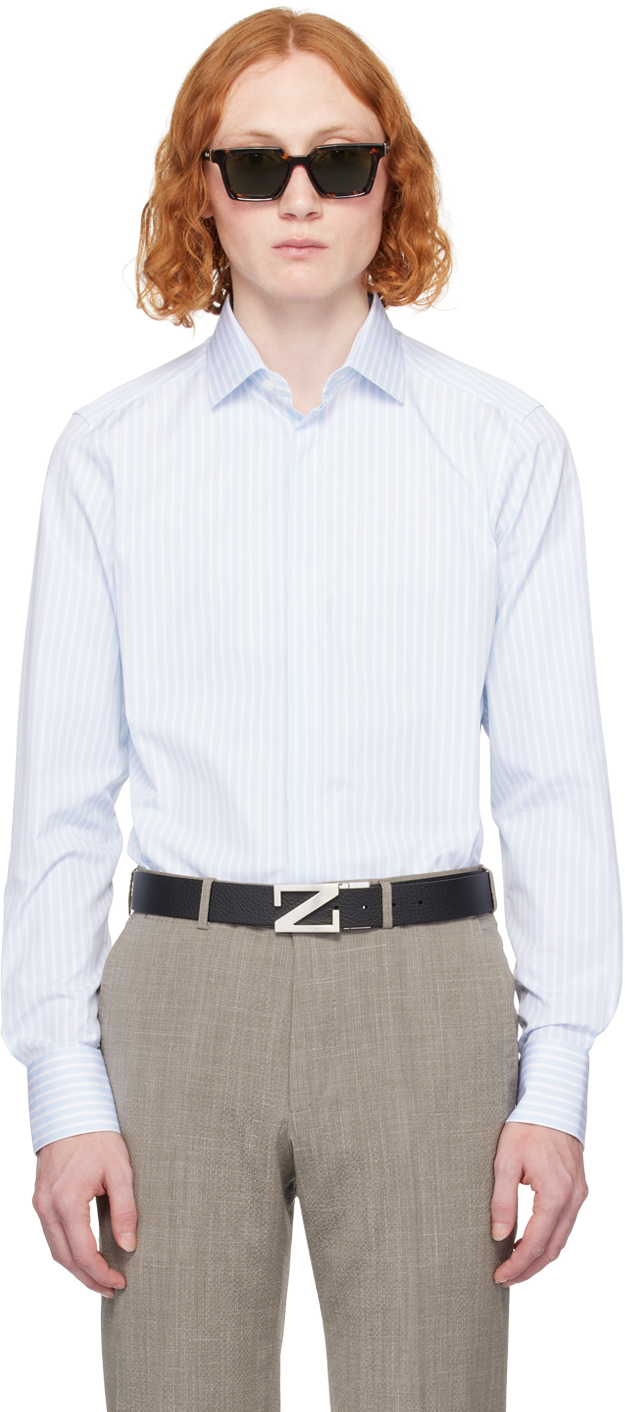 Zegna White & Blue Striped Shirt In Light Blue And White