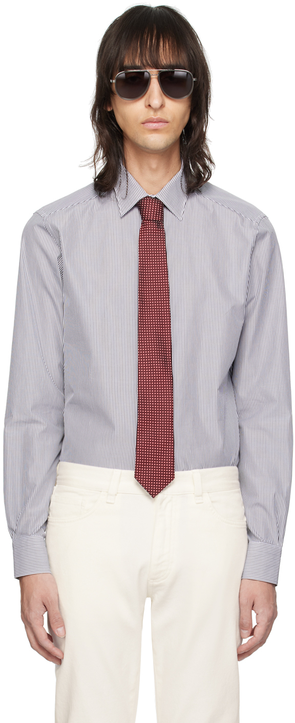 Zegna Gray Stripes Shirt In Dark Brown And White