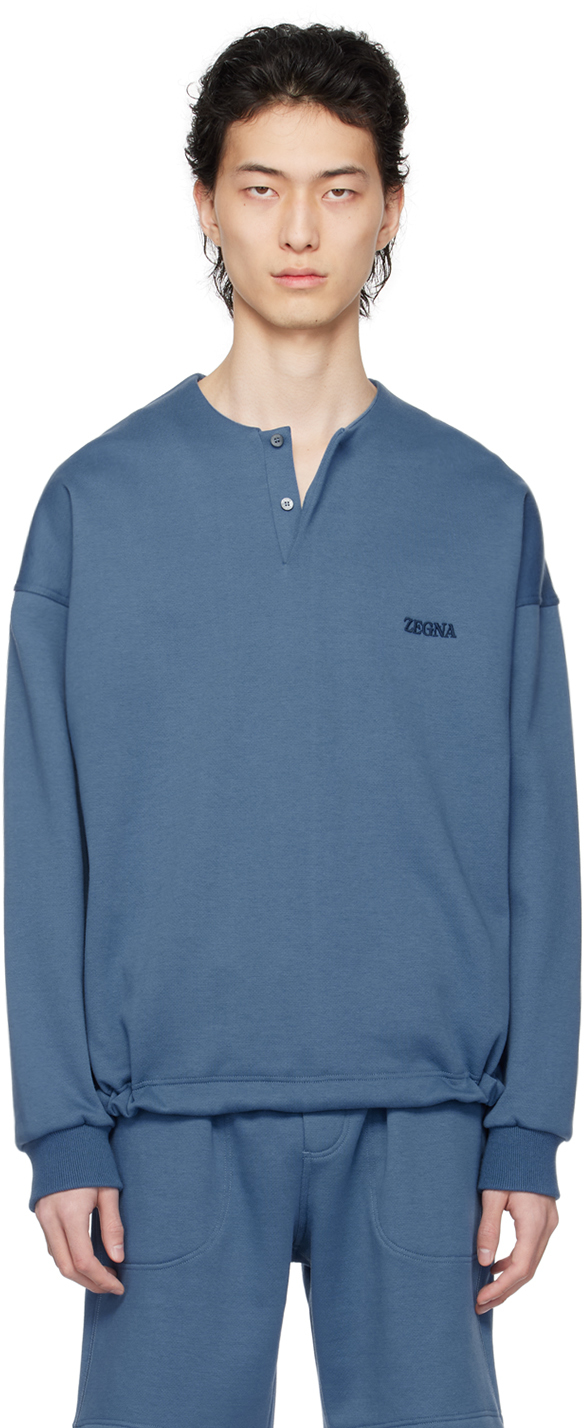 Zegna Blue Placket Sweatshirt In 422 - Blue Medio Uni
