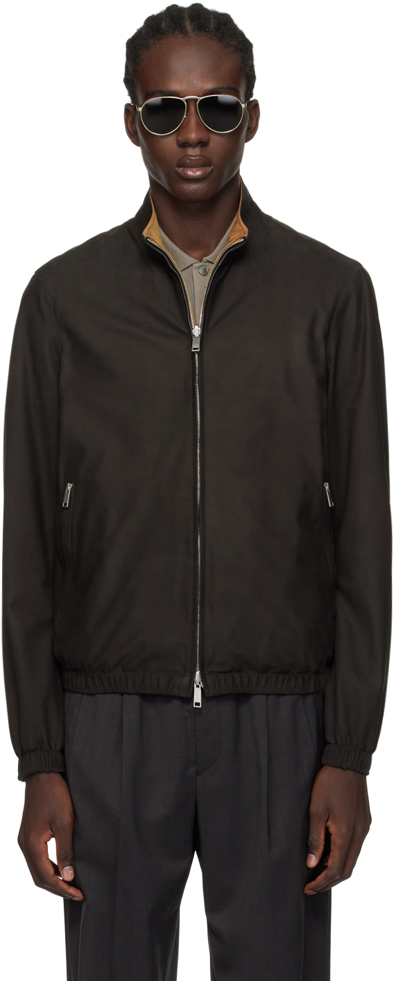 Brown Zip Reversible Leather Jacket