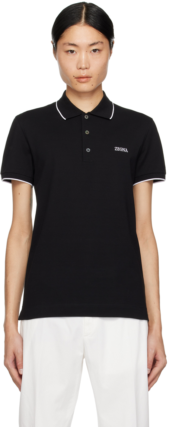Zegna Black Embroidered Polo Shirt In K09