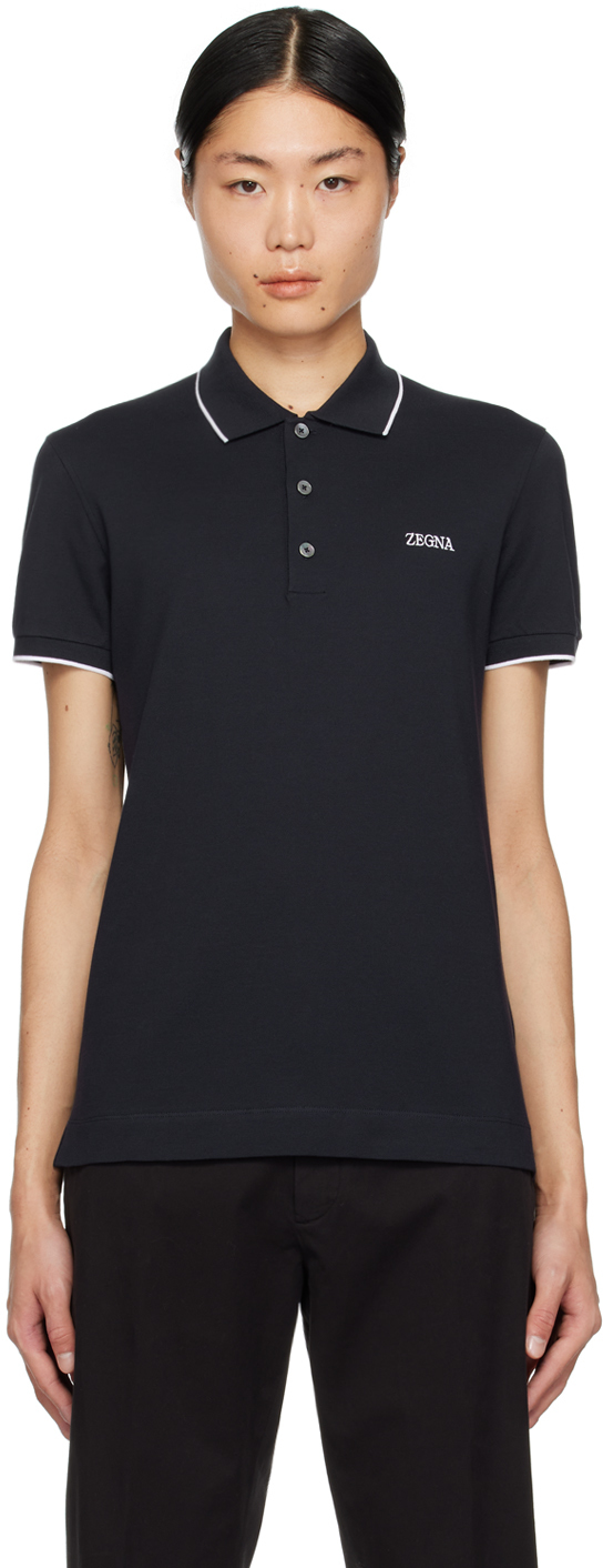 Shop Zegna Navy Embroidered Polo Shirt In B09