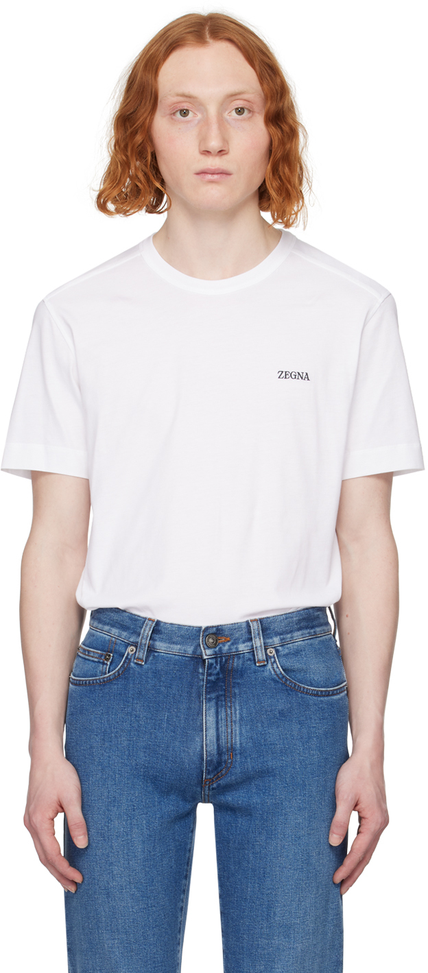 【関税込み】ZEGNA ホワイト ロゴ刺繍 Tシャツ Zegna logo-embroidered Cotton T-shirt | White | FARFETCH
