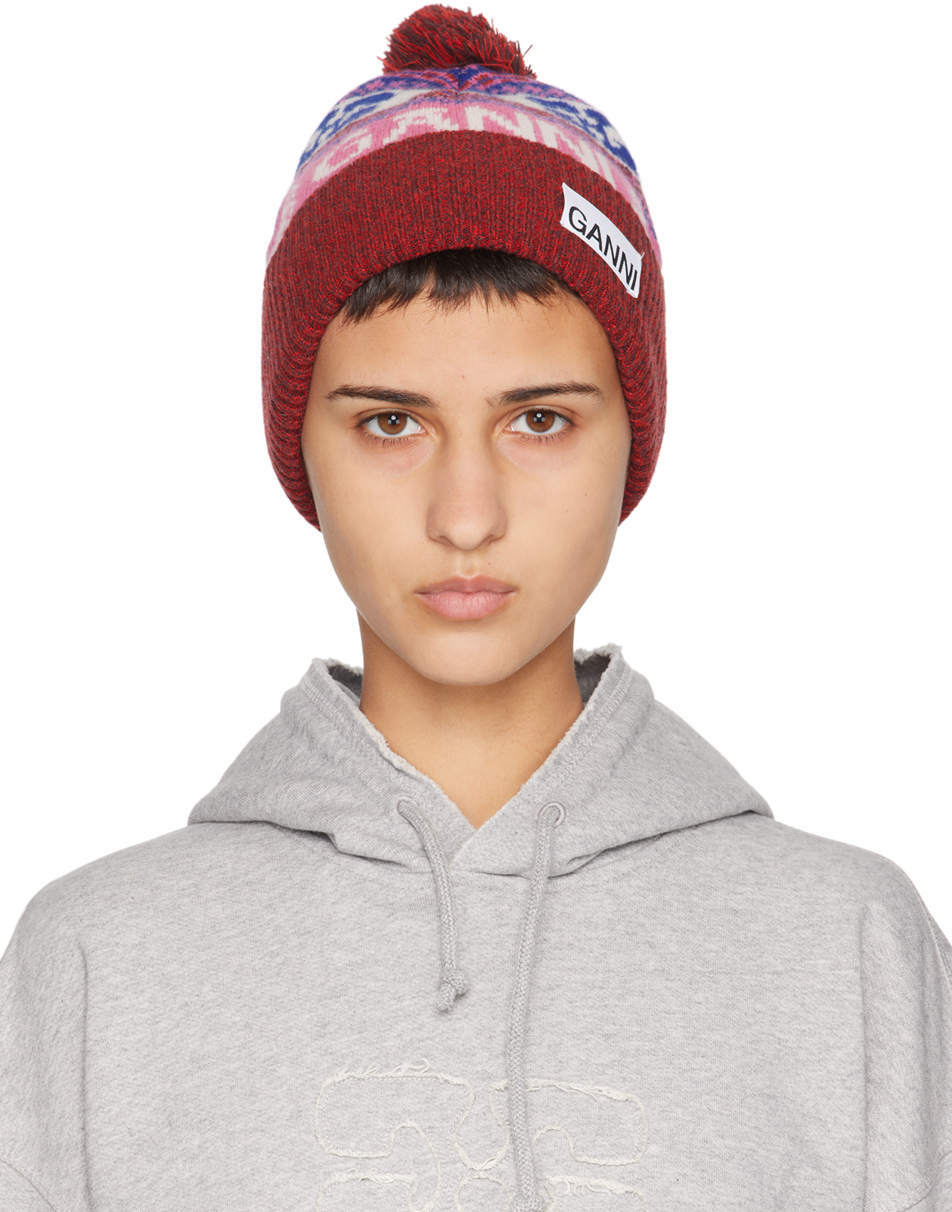 Ganni Red Graphic Wool Beanie In 999 Multicolour