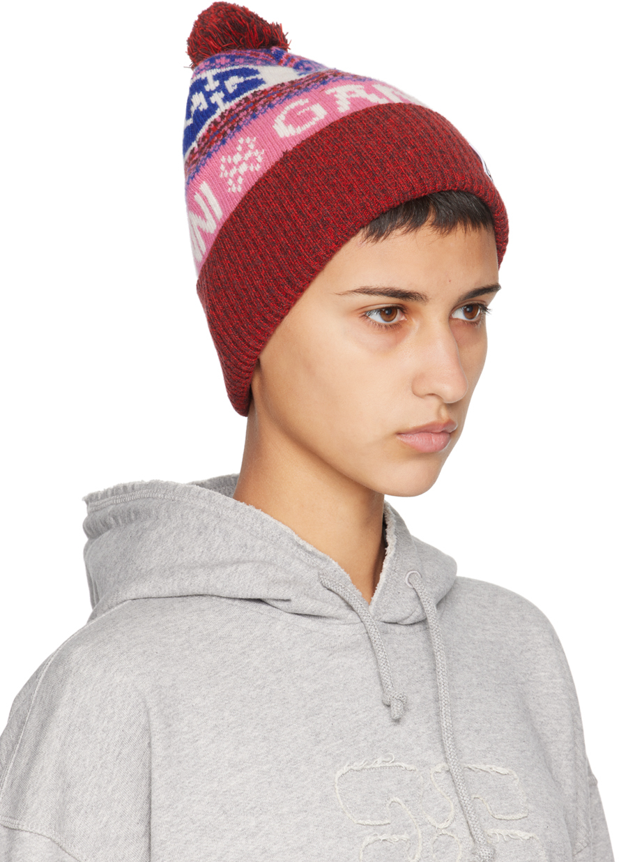 Ganni Red Graphic Wool Beanie In 999 Multicolour