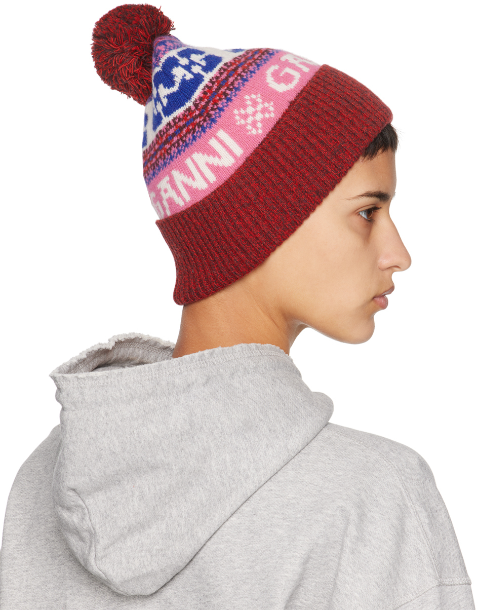 Ganni Red Graphic Wool Beanie In 999 Multicolour