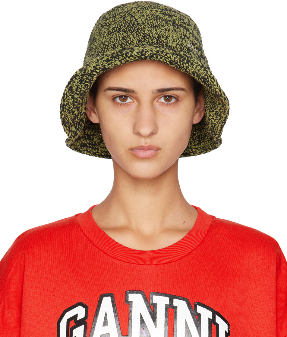 Ganni Black & Green Crochet Bucket Hat In 099 Black