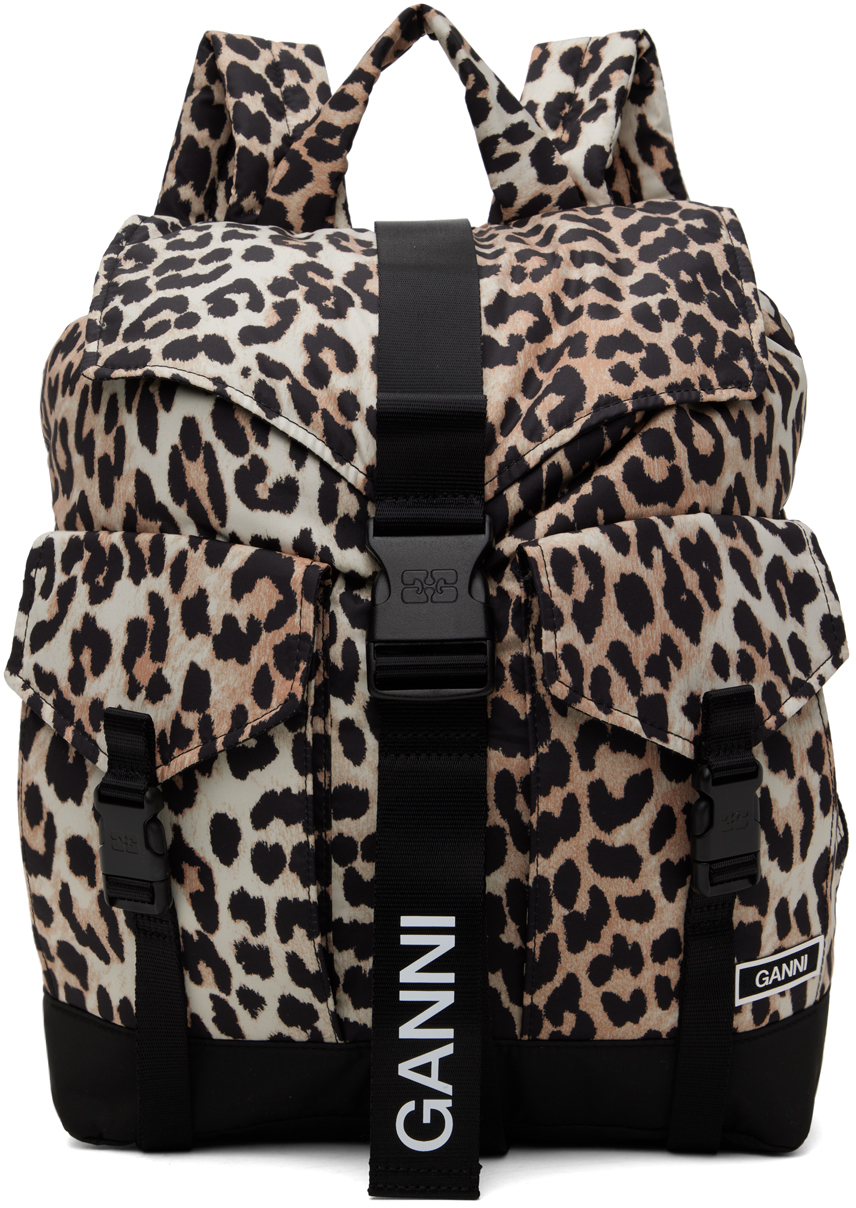 Shop Ganni Black & Beige Leopard Tech Backpack In 943 Leopard