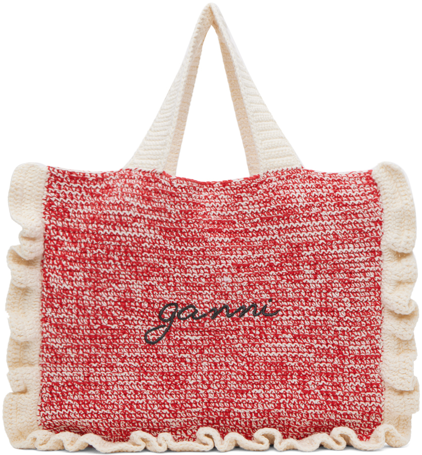 GANNI: Red & White Cotton Crochet Frill Tote | SSENSE