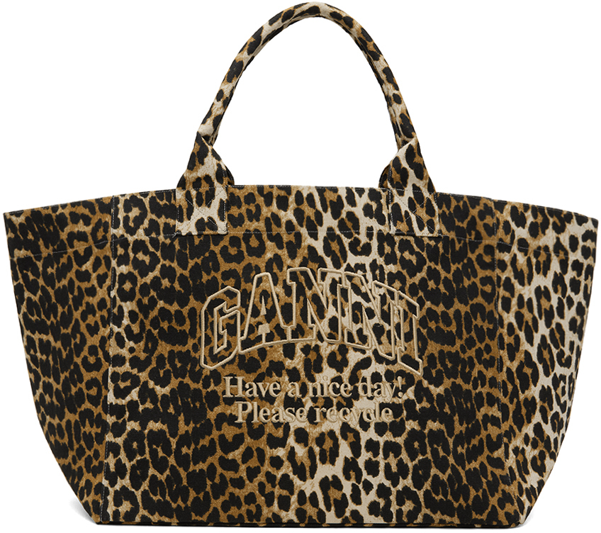 Beige Leopard Oversized Canvas Tote by GANNI on Sale