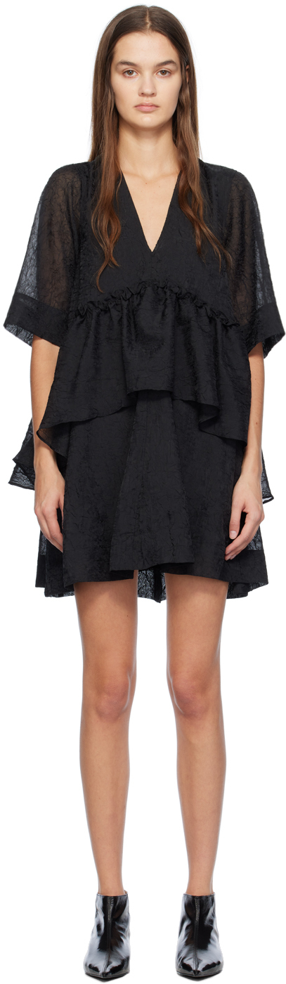 Shop Ganni Black Crinkled Minidress In 099 Black