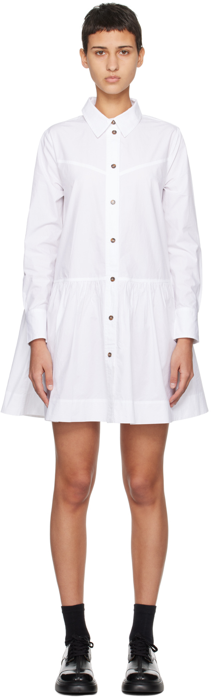 Shop Ganni White Spread Collar Minidress In 151 Bright White