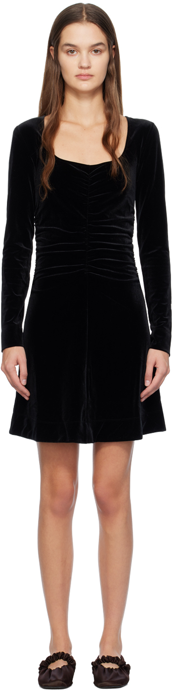 Ganni Ruched Velvet Mini Dress In 099 Black