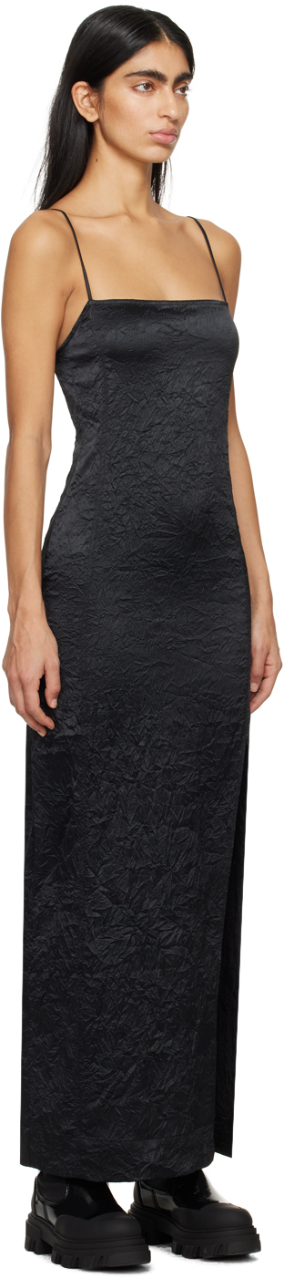 Ganni Crinkled Satin Midi Slip Dress In 099 Black