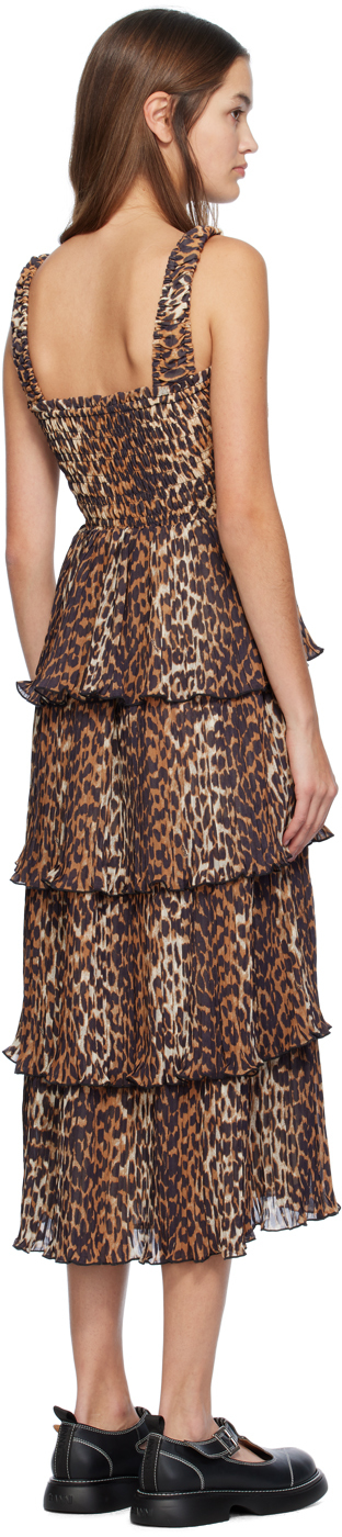 Ganni + Net Sustain Pleated Smocked Leopard-print Recycled-georgette Midi Dress In 859 Almond Milk