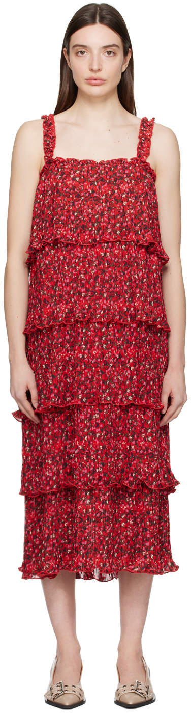 GANNI Red Flounce Midi Dress