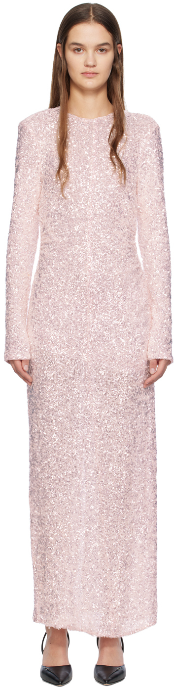 Shop Ganni Pink 3d Sequins Maxi Dress In 494 Mauve Chalk