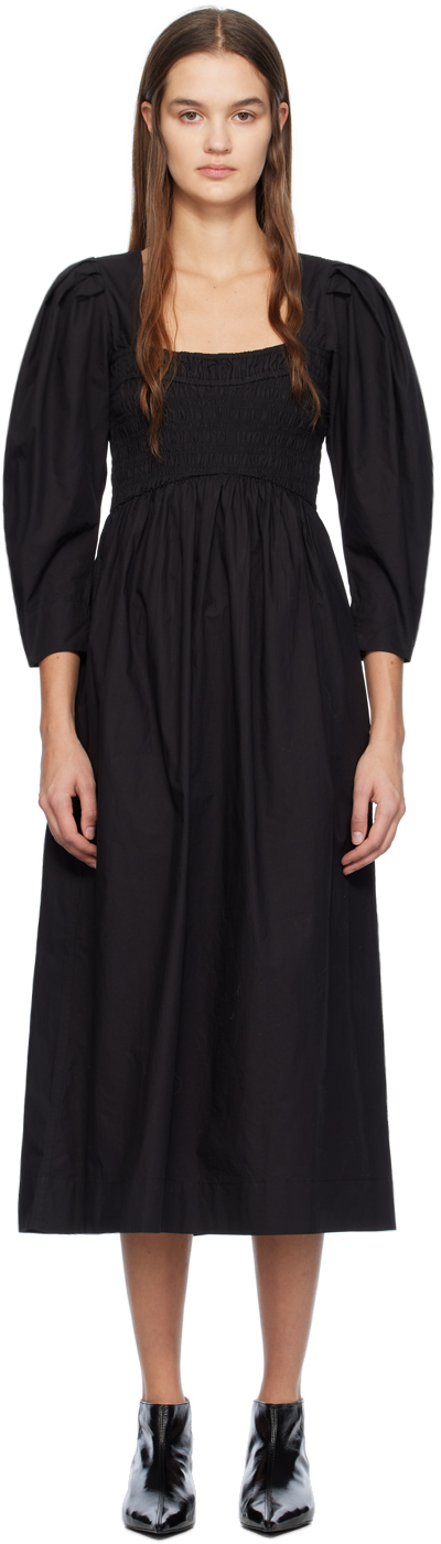Shop Ganni Black Smocked Maxi Dress In 099 Black
