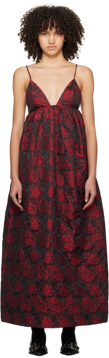 Black & Red Botanical Jacquard Maxi Dress