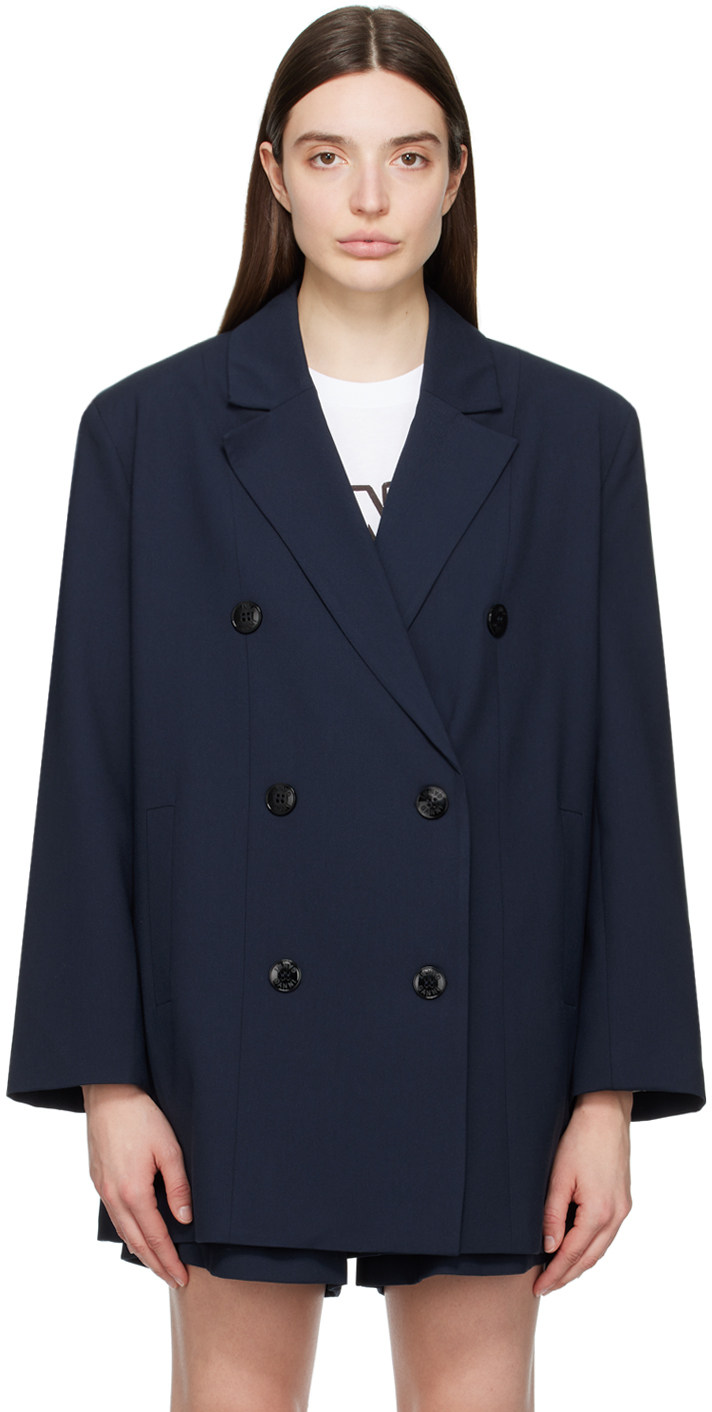 GANNI: Navy Double-Breasted Blazer | SSENSE