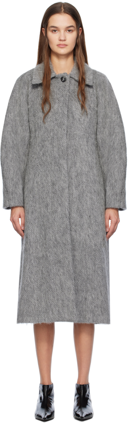 Shop Ganni Gray Fluffy Coat In 523 Frost Gray