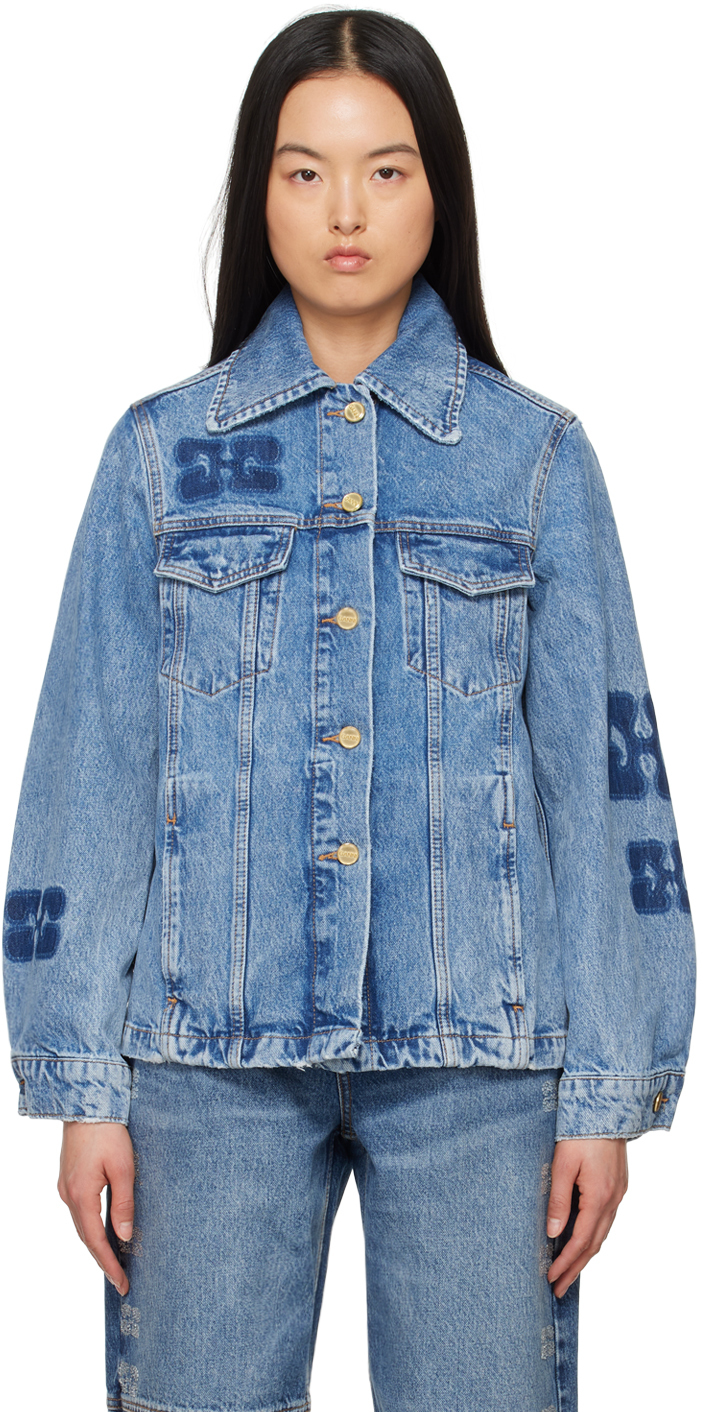 Shop Ganni Blue Patch Denim Jacket In 566 Mid Blue Stone