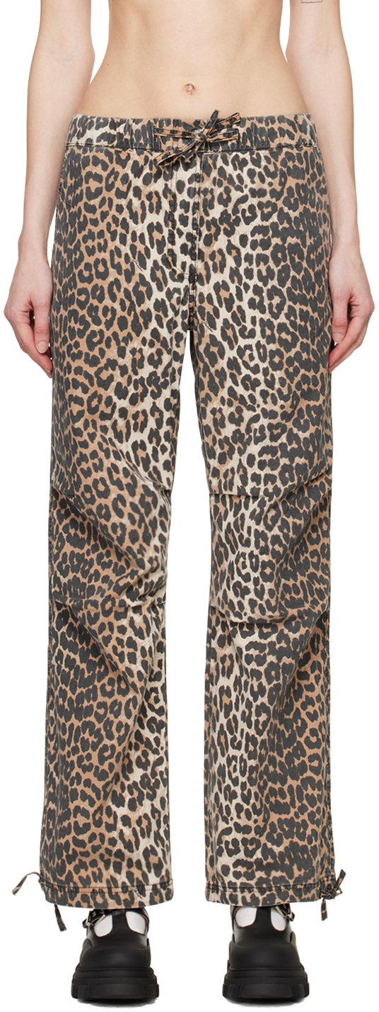 Ganni Brown Leopard Trousers In 859 Almond Milk