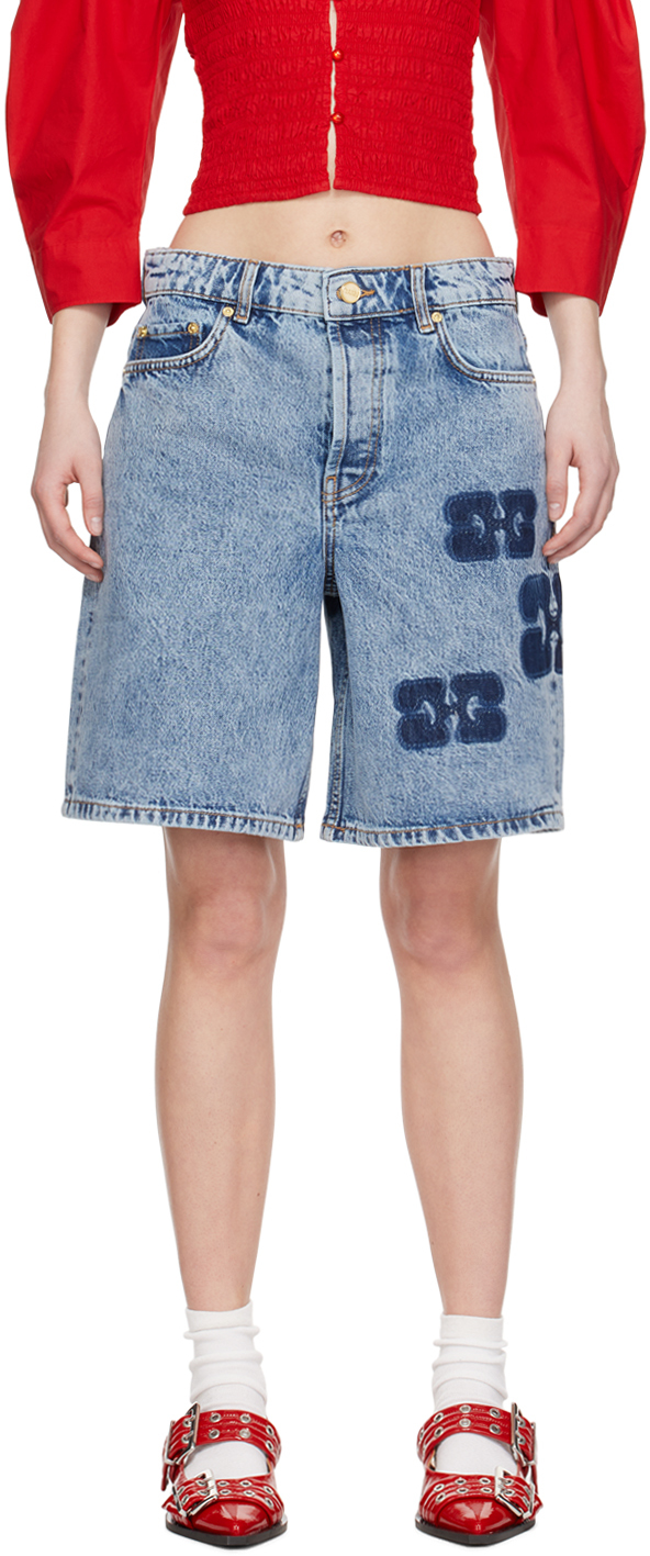 Shop Ganni Blue Patch Denim Shorts In 566 Mid Blue Stone