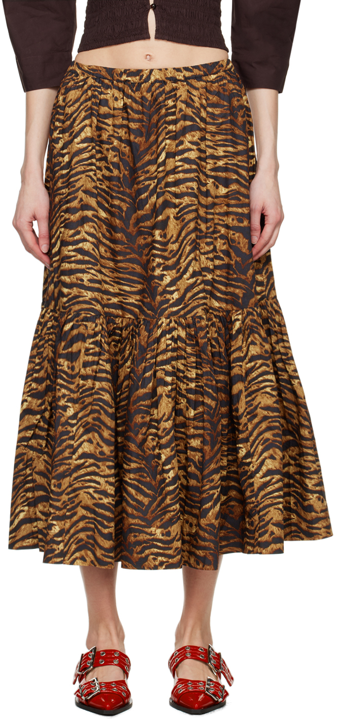 Shop Ganni Brown Flounce Maxi Skirt In 027 Ochre