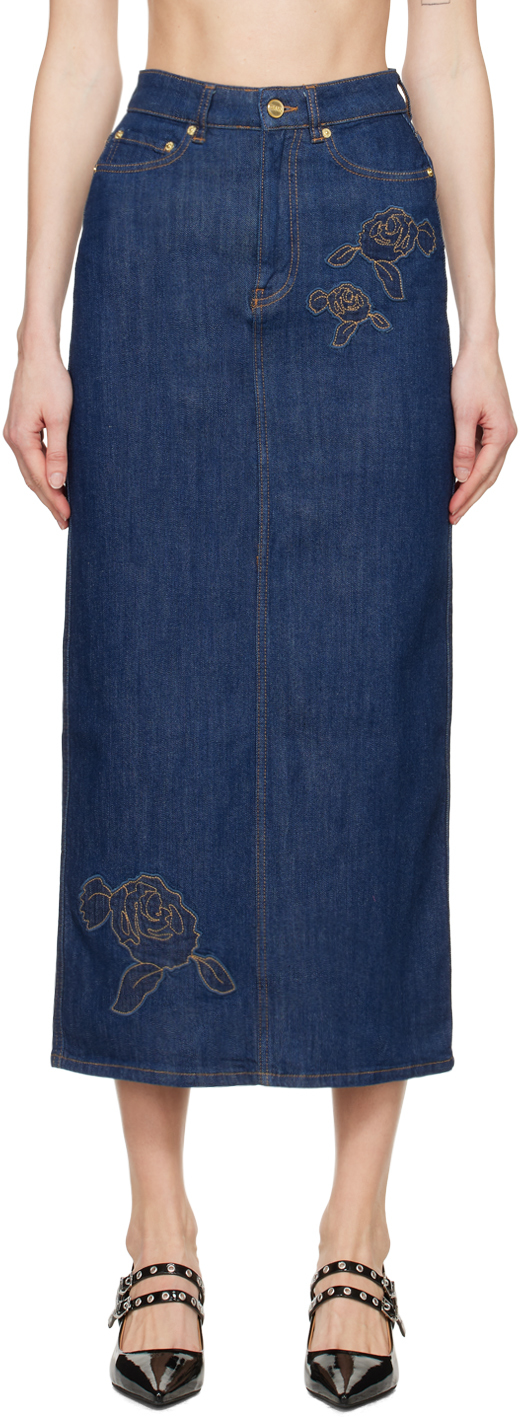 Shop Ganni Blue Rose Denim Maxi Skirt In 077 Rinse