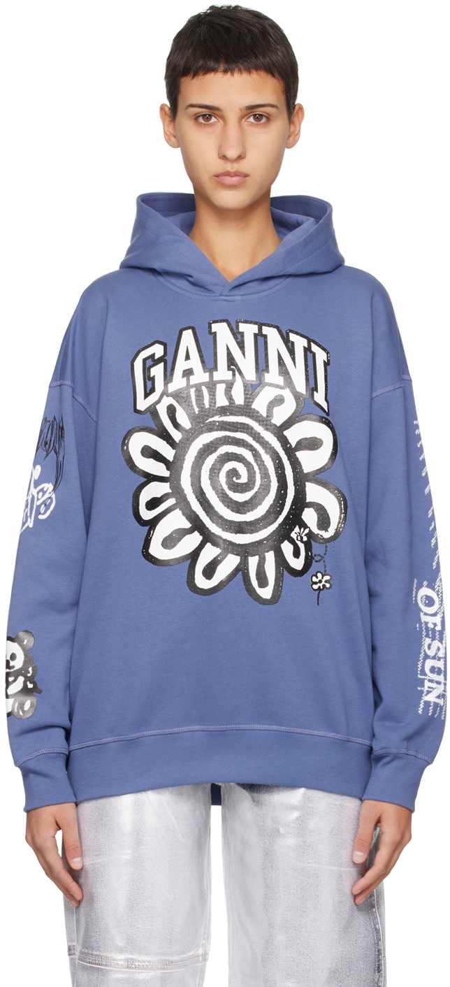 Shop Ganni Blue Isoli Mega Flower Hoodie In 758 Gray Blue