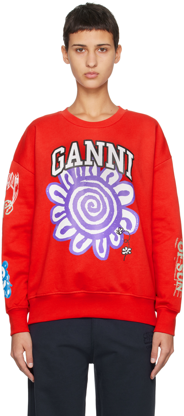 Shop Ganni Red Isoli Mega Flower Sweatshirt In 472 High Risk Red