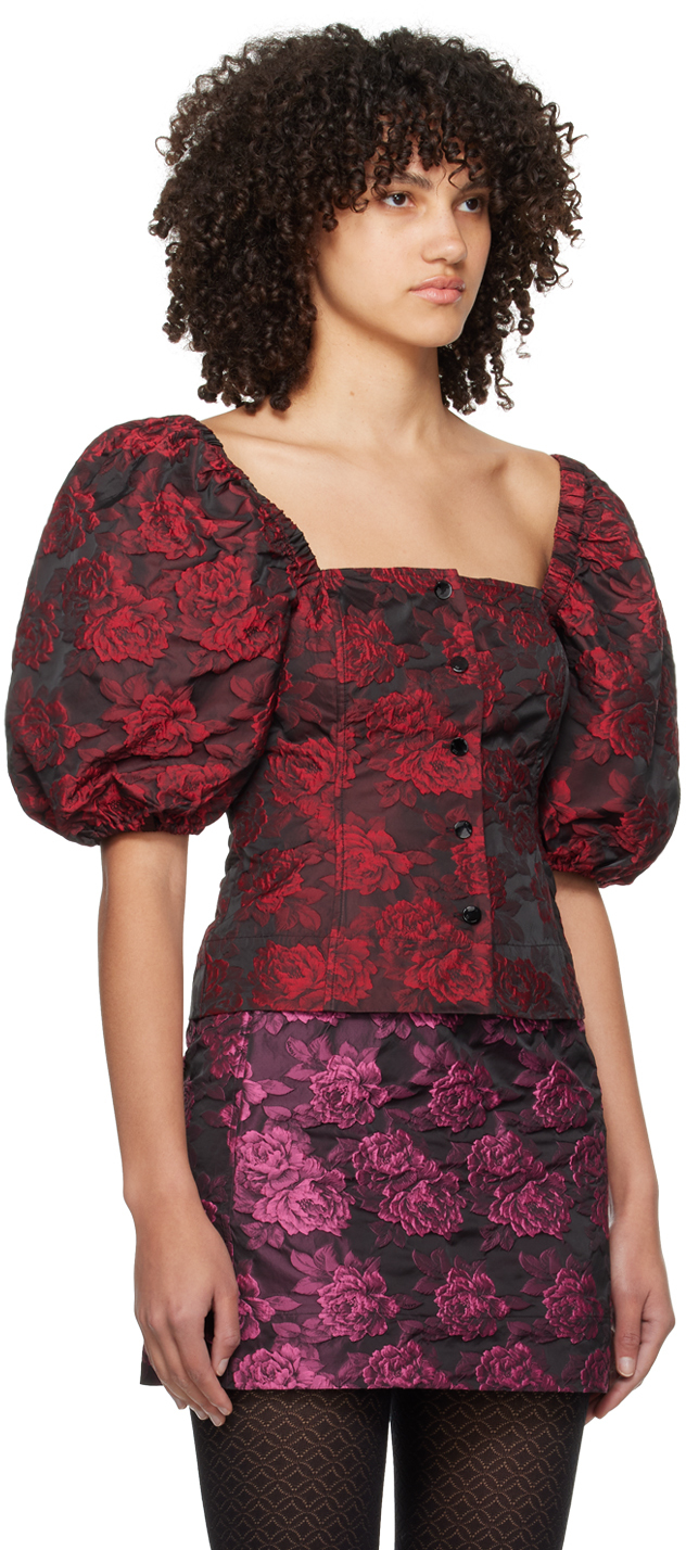 Ganni Botanical-print Short Puff-sleeve Cropped Top In 472 High Risk Red