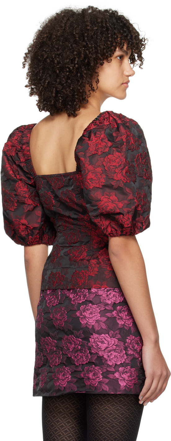 Ganni Botanical-print Short Puff-sleeve Cropped Top In 472 High Risk Red