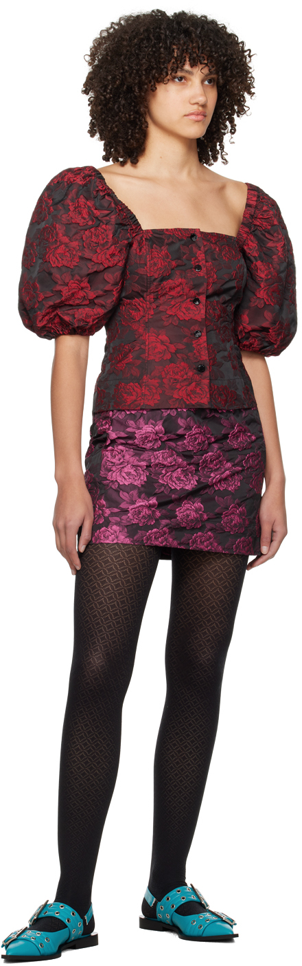 Ganni Botanical-print Short Puff-sleeve Cropped Top In 472 High Risk Red